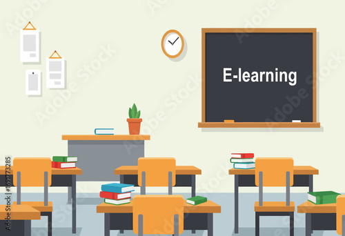 Modern classroom interior with empty desks and a blackboard, representing the concept of e-learning and digital education