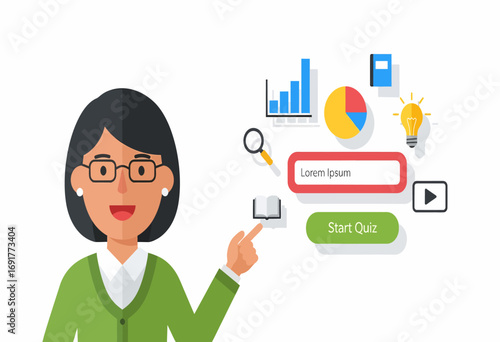 Online education and knowledge assessment concept showing a woman pointing at a digital quiz with data analysis and learning icons