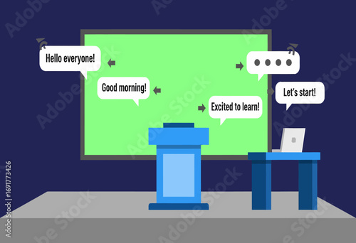 Interactive seminar or webinar concept illustration with a speaker's podium, laptop, and a large green screen displaying audience messages
