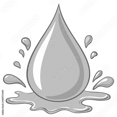 Grayscale cartoon water drop illustration splashing with a small puddle on impact