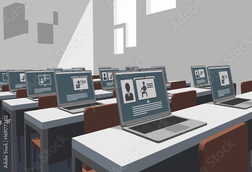 A modern classroom illustration showing rows of laptops with digital user profiles, symbolizing e-learning and online education