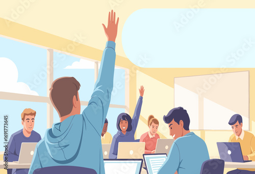 Engaged student raises hand for active participation in a modern technology-focused classroom lecture