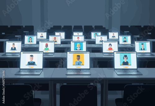 Rows of laptops in a dark room displaying a digital conference, symbolizing the future of remote work and online education