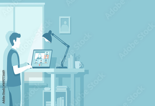 Man working from home at a standing desk, engaged in a video conference call with colleagues. Concept of remote work, online business meetings, and modern workplace