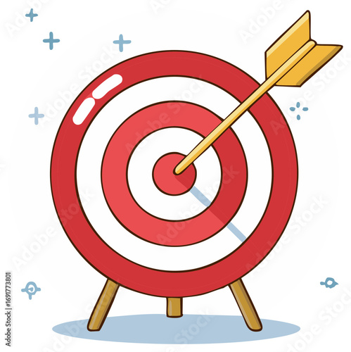 An arrow pierces the center of a red and white archery target reaching a business or personal goal