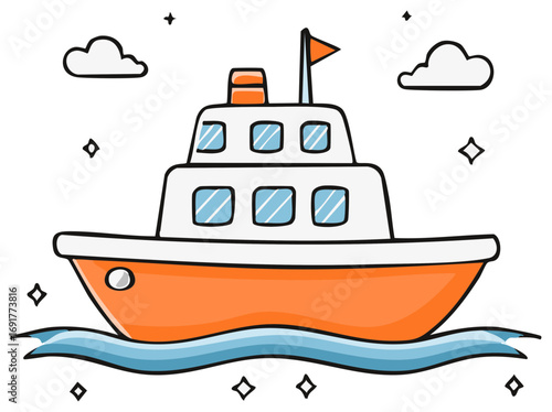 A cute cartoon passenger ship with an orange hull sailing on blue water Hand drawn doodle style illustration