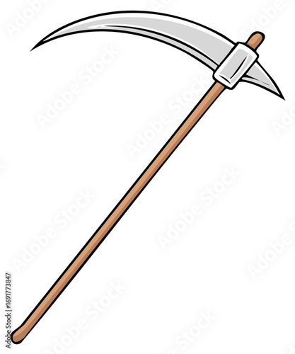 Cartoon Scythe Illustration with Wooden Handle and Sharp Curved Blade for Harvest or Halloween