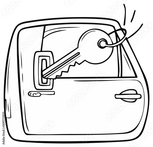 Cartoon drawing of a car door with an inserted key and the keychain ring caught in the window frame