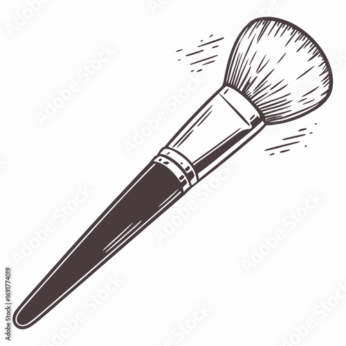 Hand drawn illustration of a makeup brush with bristles and handle cosmetic beauty