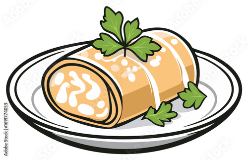 Cartoon food roll with creamy filling and parsley garnish on a plate