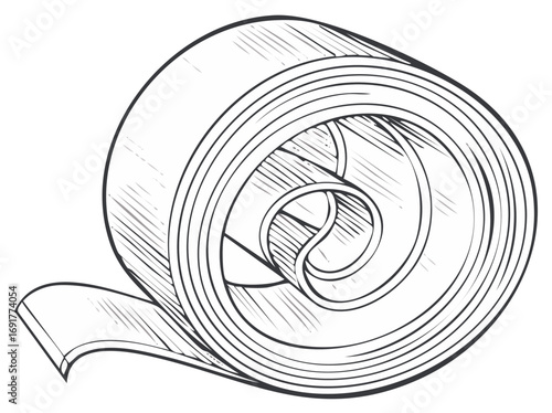 Monochrome sketch of a rolled tape fabric or paper unspooling abstract illustration