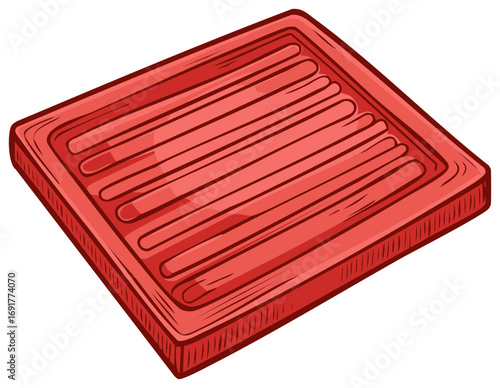 Red plastic tray with parallel ridges for serving or organizing