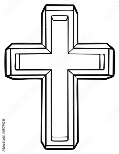 Stylized Christian Cross Outline, Traditional Religious Symbol, Black and White Design
