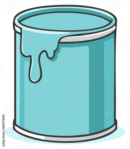 Illustration of a metal can overflowing with light blue paint creating a dripping effect showing the viscous liquid content inside