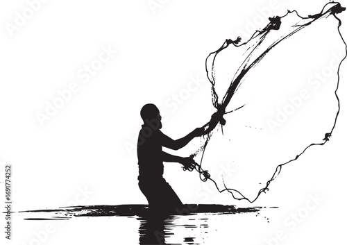 Silhouette of a fisherman casting a net in water fishing cast net