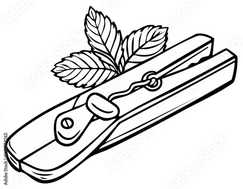 Line art illustration of a laundry clothes peg with decorative botanical leaves