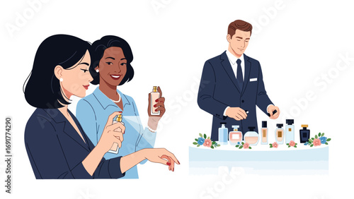 Diverse women creating makeup tutorials and beauty content using ring lights cameras and professional makeup products for online streaming and social media