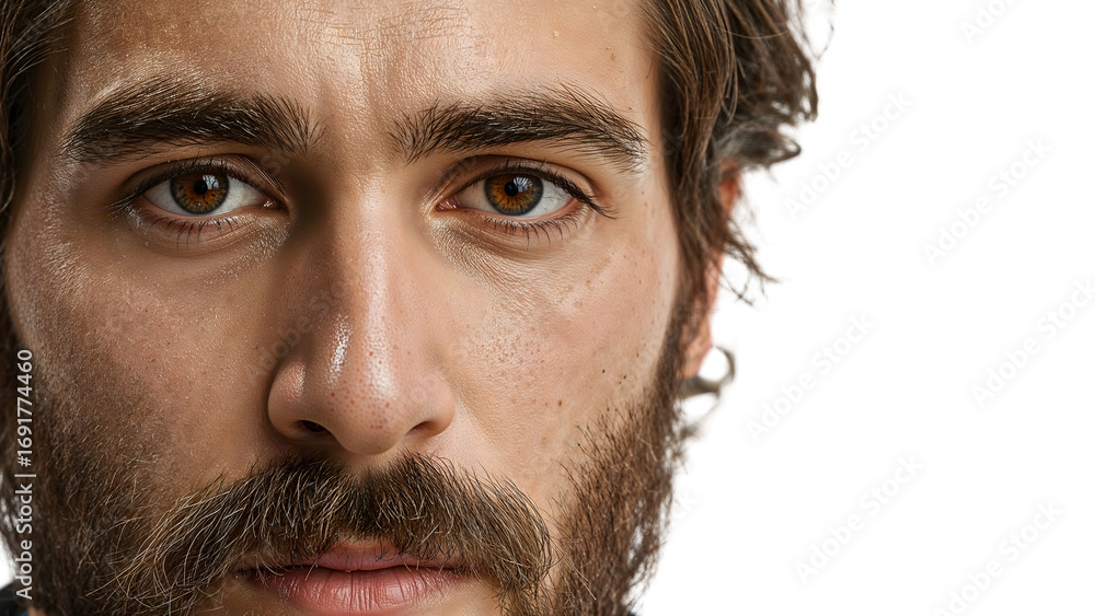 Obraz premium Closeup portrait of young bearded man with brown eyes and natural skin texture on the transparent background