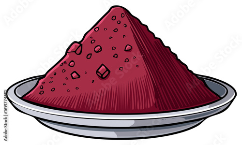 Pile of Crimson Powder with Grains and Crystals on a Dish