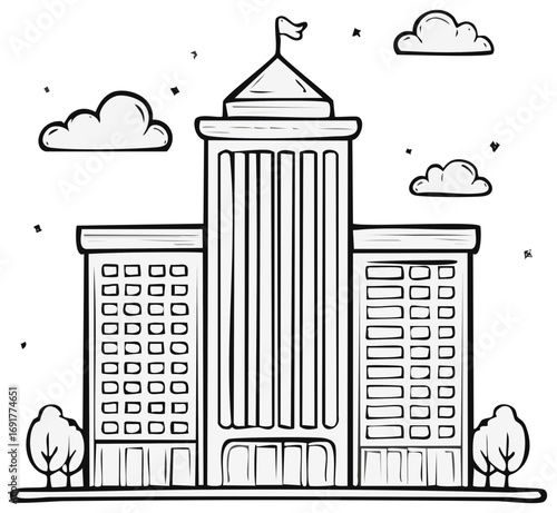 Downtown City Building Sketch: Tall Building, Flag, Windows, Clouds and Trees