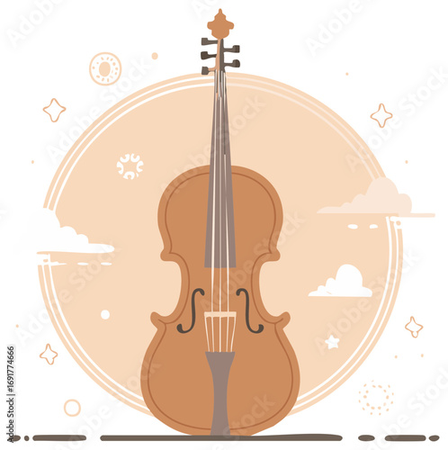 Elegant Violin Illustration against Cream Circular Backdrop Featuring Celestial Clouds and Stars