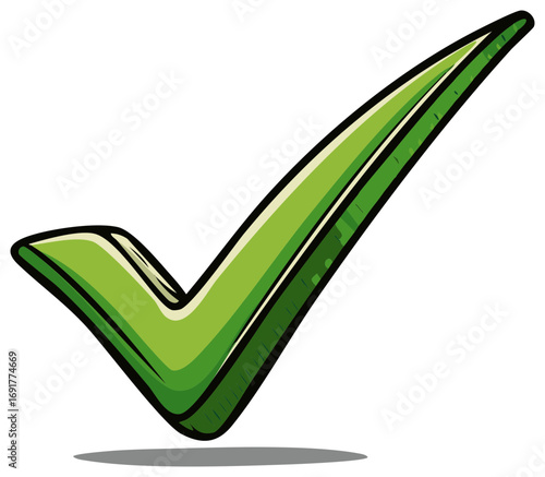 Cartoon Style Green Check Mark with Outline and Shadow on White Background