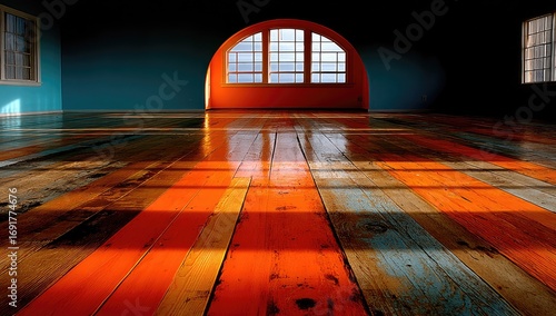 Colorful wooden floor, arched window, bright sunlight