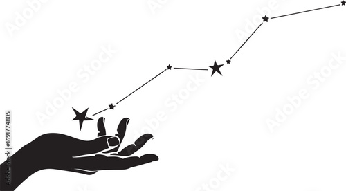 Black silhouette of a hand reaching up towards a constellation of stars vector