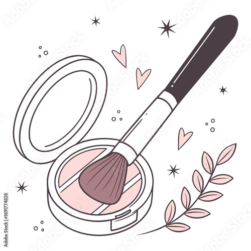 Open makeup compact with brush and pink leaves on white background Keywords: makeup, compact, powder