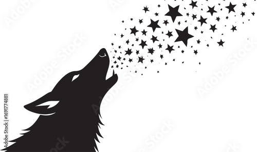 Black silhouette of a wolf howling at a stream of stars night
