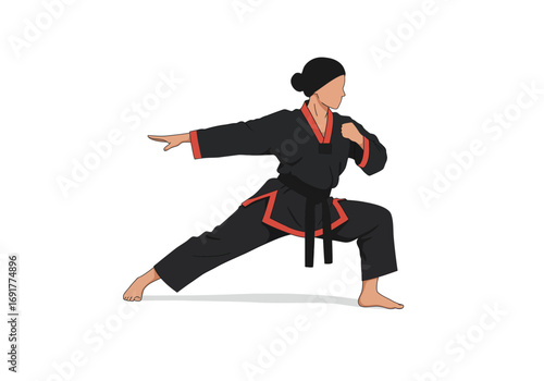 Focused Female Martial Artist in Low Stance.