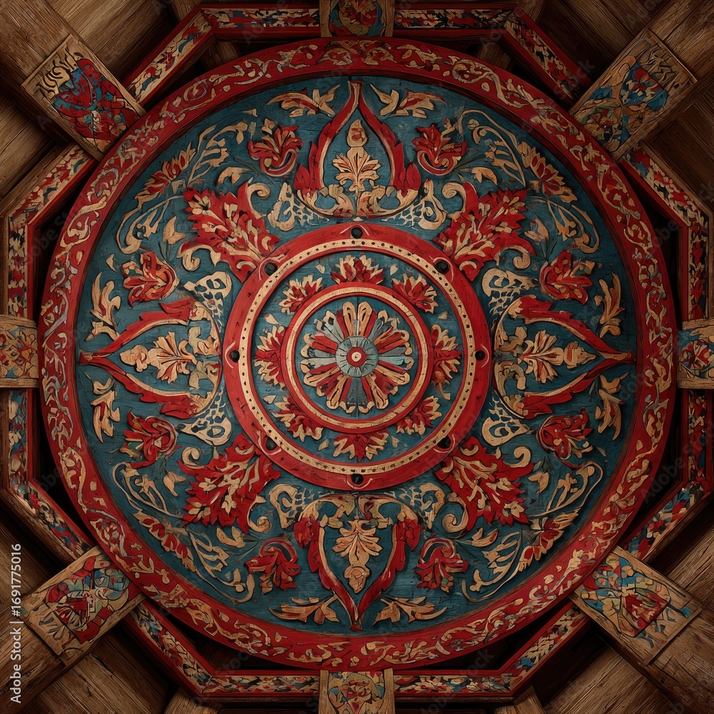 Fototapeta premium Ornate, circular ceiling medallion with intricate, decorative patterns in reds, blues, and golds