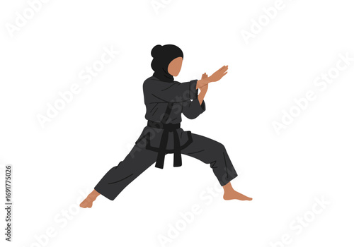 Focused Woman Practicing Martial Arts Defensive Stance.