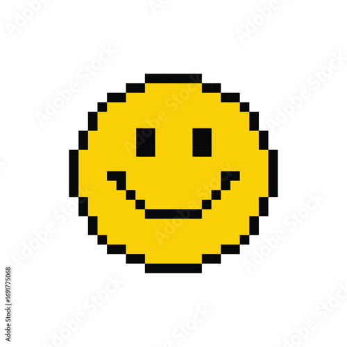 Yellow pixel 8 bit smiley emoticon on white background