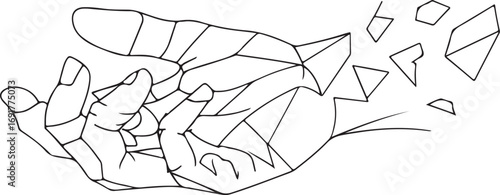 Black and white line drawing of a hand breaking apart into geometric shapes shattering