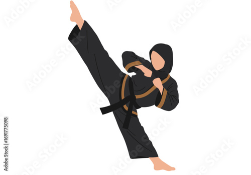 Powerful High Kick: Muslim Woman in Martial Arts.