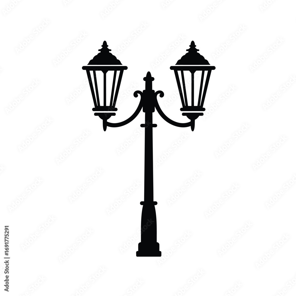 Obraz premium Black double lantern pole silhouette white vector