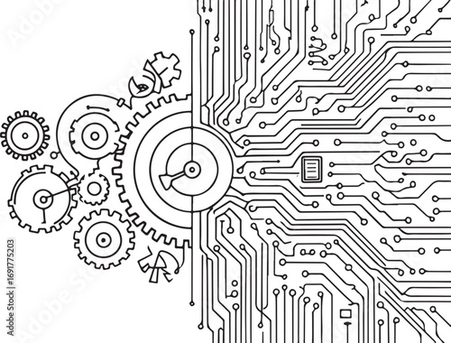 Black and white illustration of interconnected gears and circuit board pathways technology engineering 1