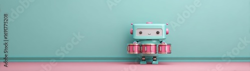 A cute retro-style robot drummer stands against a soft teal wall, adding a playful touch to the pastel-colored space with space for text, cute musician robot