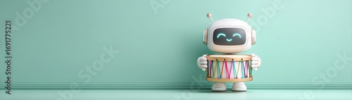 A cheerful robot drummer stands against a mint-green wall, holding a colorful drum, ready to entertain with music and joy with space for text, cute musician robot