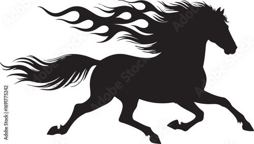 Black silhouette of a galloping horse with fiery mane and tail running