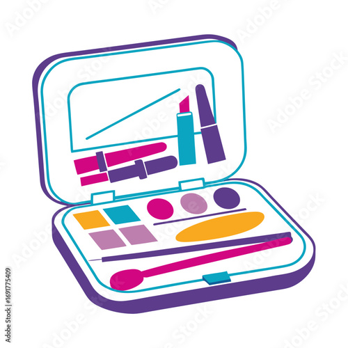 Open makeup compact with lipsticks eyeshadows and applicators on white background Keywords: makeup