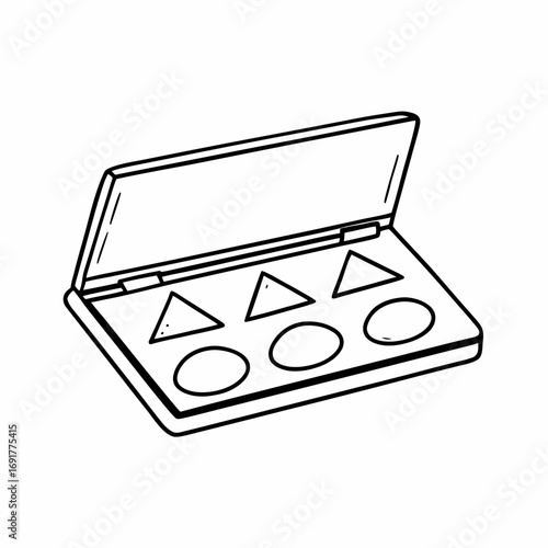 Open makeup palette with six circular and triangular wells Keywords: makeup, palette, cosmetic