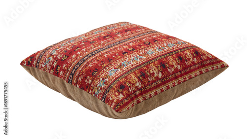 Traditional red kilim cushion with ethnic pattern, square decorative floor pillow, bohemian home textile, colorful rustic accent