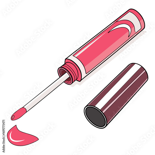 Pink lip gloss tube with applicator and swatch on white background Keywords: lip gloss, makeup