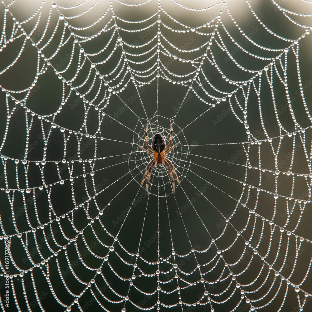 Naklejka premium Spider sits in the center of its dew-covered web, a macro shot capturing the intricate details.