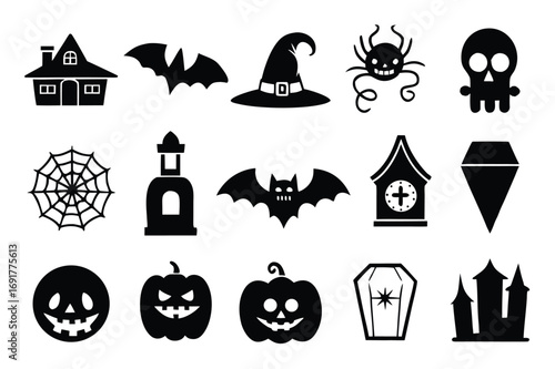 Halloween icon set  silhouette vector featuring a bat haunted house pumpkin spider cauldron ghost witch hat broomstick eyeball tombstone skull and coffin isolated on white background.