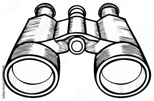 Detailed line art drawing of vintage style binoculars optical device for distant viewing and exploration