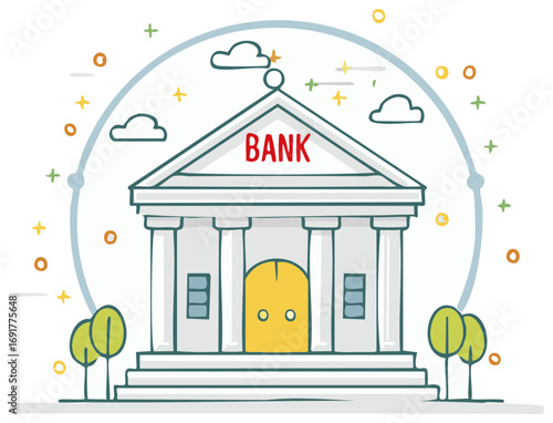 Hand-Drawn Style Bank Building with Yellow Door, Columns, and Celestial Design Elements