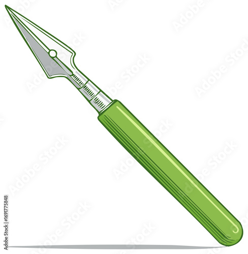Stylized Illustration of a Green Scalpel Tool with a Sharp Blade